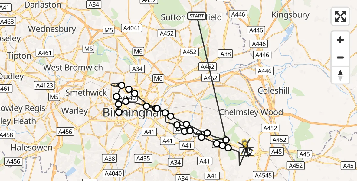 Flight route Police Helicopter Sutton Coldfield - Birmingham Airport, 05 October 2026, 14:36