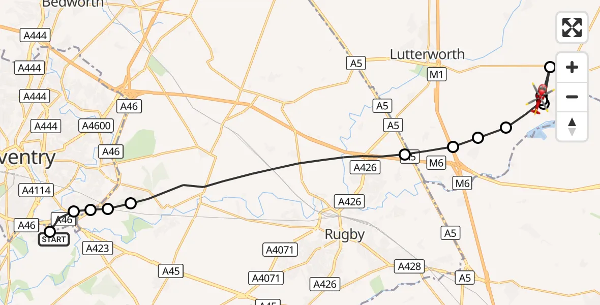 Flight route Air Ambulance Helicopter Coventry Airport - South Kilworth, 05 October 2026, 14:47