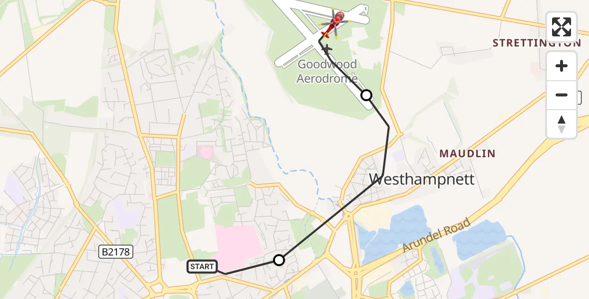 Flight route Air Ambulance Helicopter Chichester - Goodwood Aerodrome, 05 October 2026, 14:51