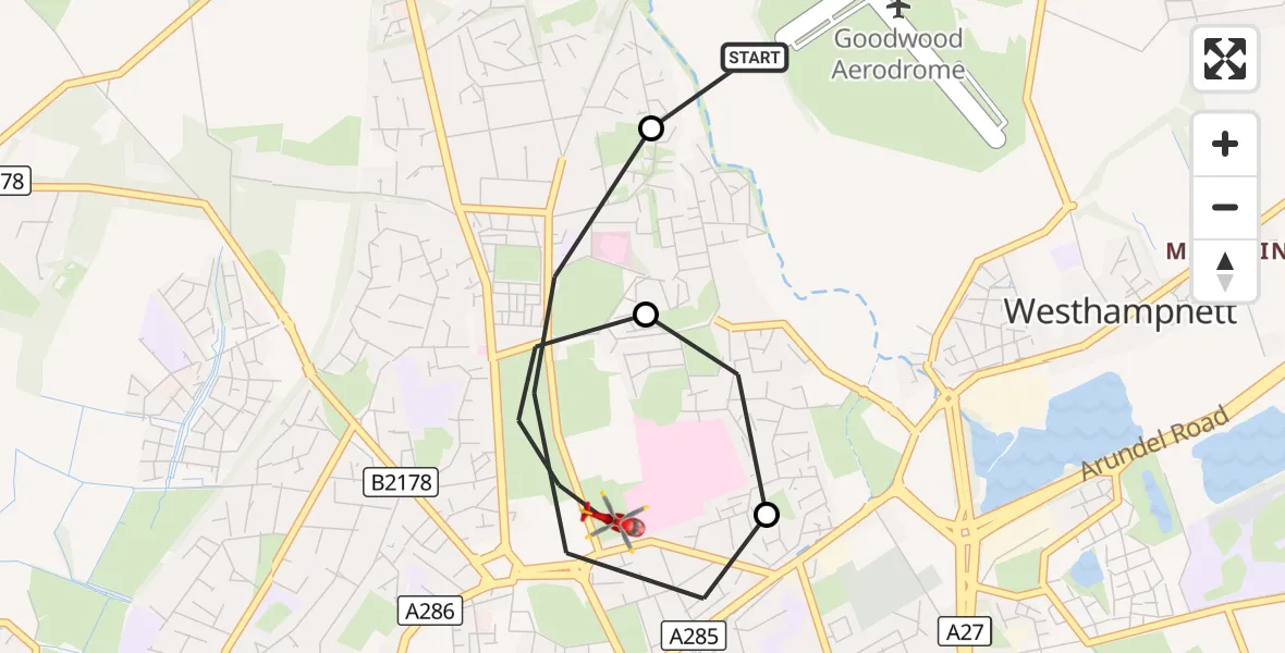 Flight route Air Ambulance Helicopter Goodwood Aerodrome - Chichester, 05 October 2026, 15:11
