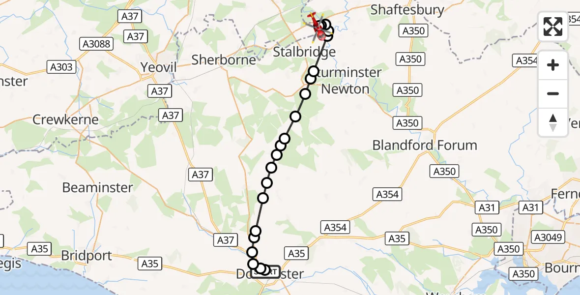 Flight route Air Ambulance Helicopter Dorchester Hospital - Henstridge Airfield, 05 October 2026, 15:20