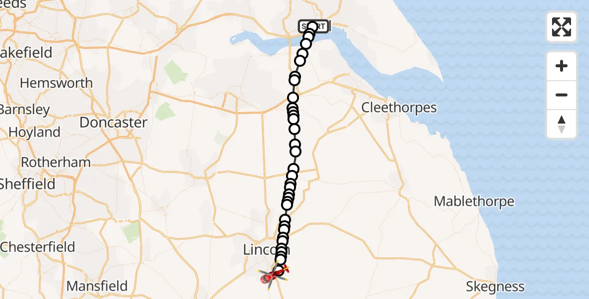 Flight route Air Ambulance Helicopter Hull Royal Infirmary - North Kesteven, 05 October 2026, 15:26
