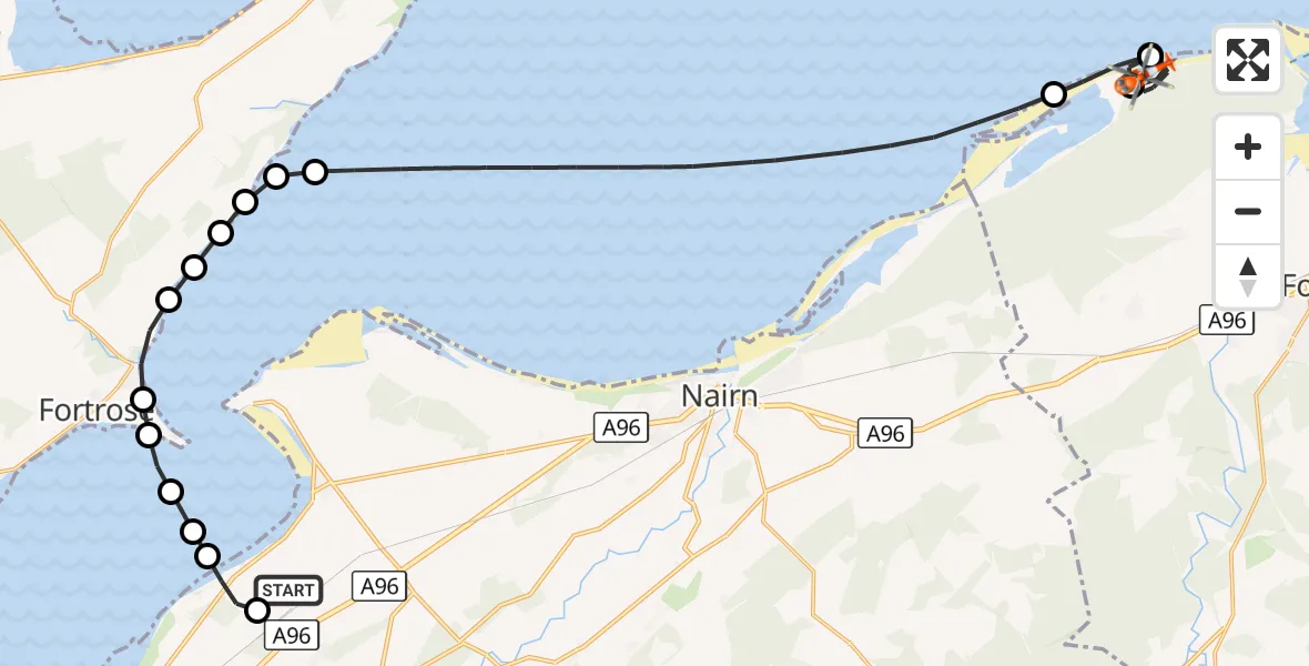 Flight route Coastguard Helicopter Inverness Airport - Buckie Loch, 05 October 2026, 15:29