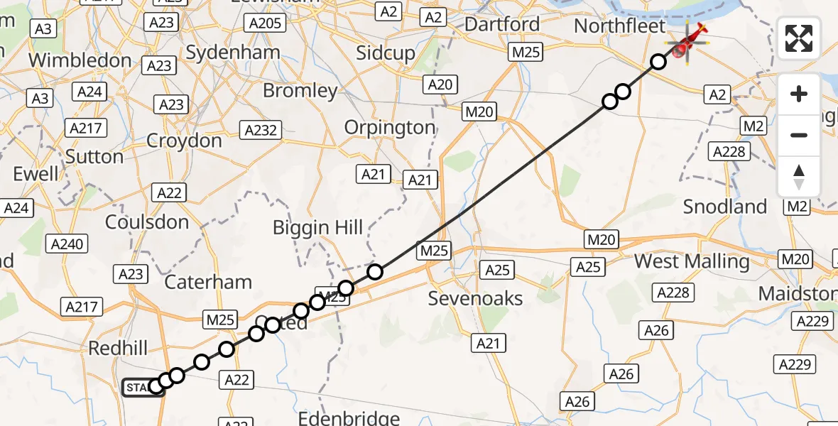 Flight route Air Ambulance Helicopter Redhill Aerodrome - Gravesend, 05 October 2026, 15:33