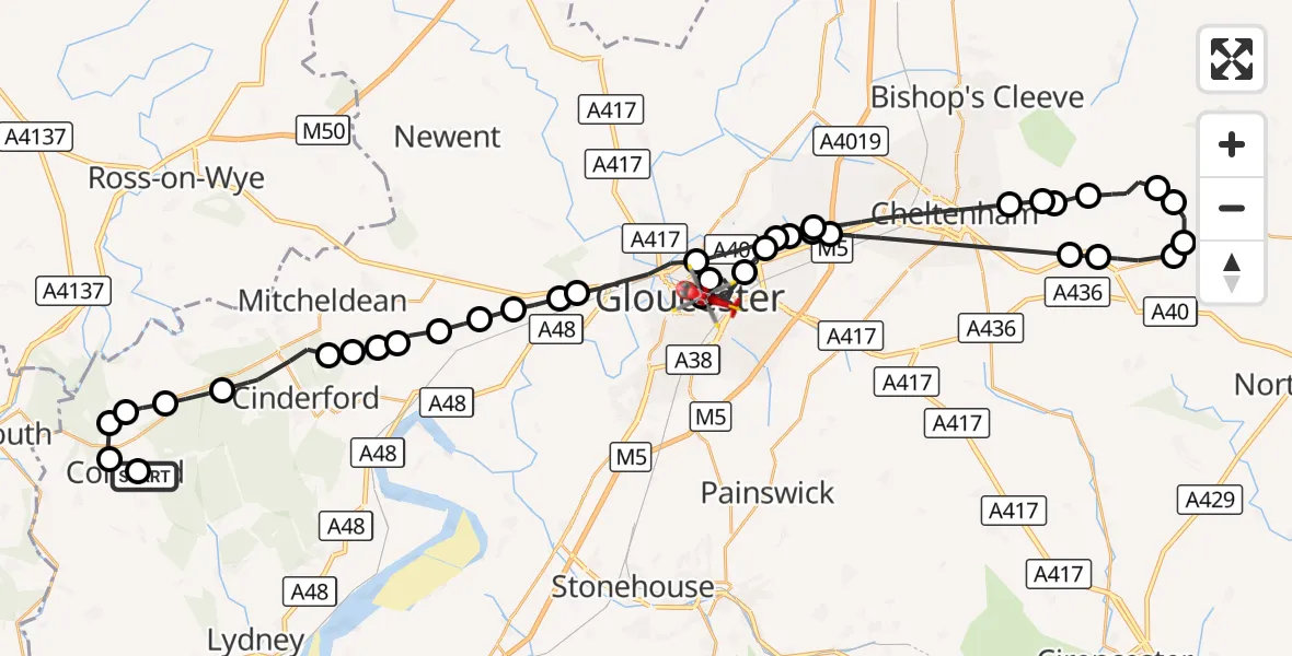 Flight route Air Ambulance Helicopter Coalway - Gloucester, 05 October 2026, 15:39