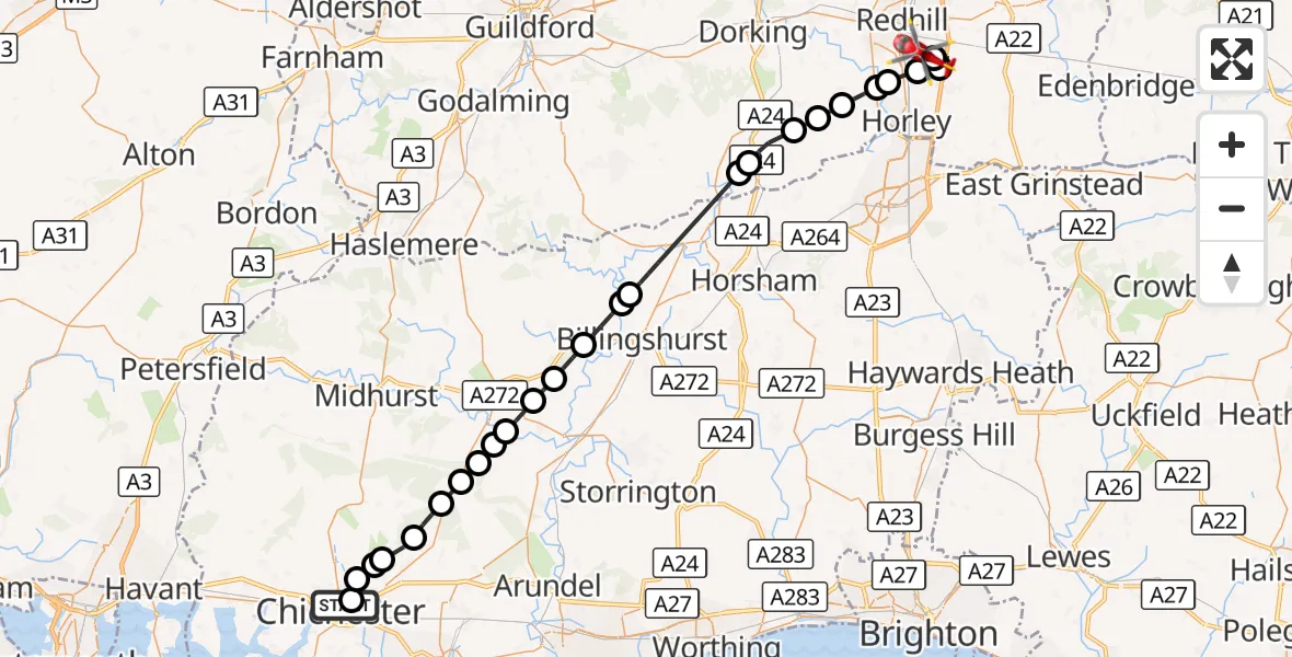 Flight route Air Ambulance Helicopter Chichester - Redhill Aerodrome, 05 October 2026, 15:40