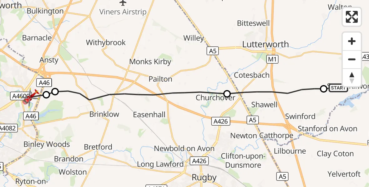 Flight route Air Ambulance Helicopter South Kilworth - University Hospital Coventry, 05 October 2026, 15:43