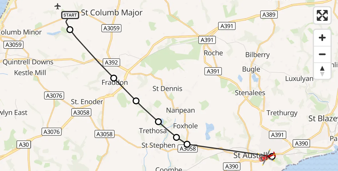 Flight route Air Ambulance Helicopter Cornwall Airport Newquay - St. Austell, 05 October 2026, 15:44