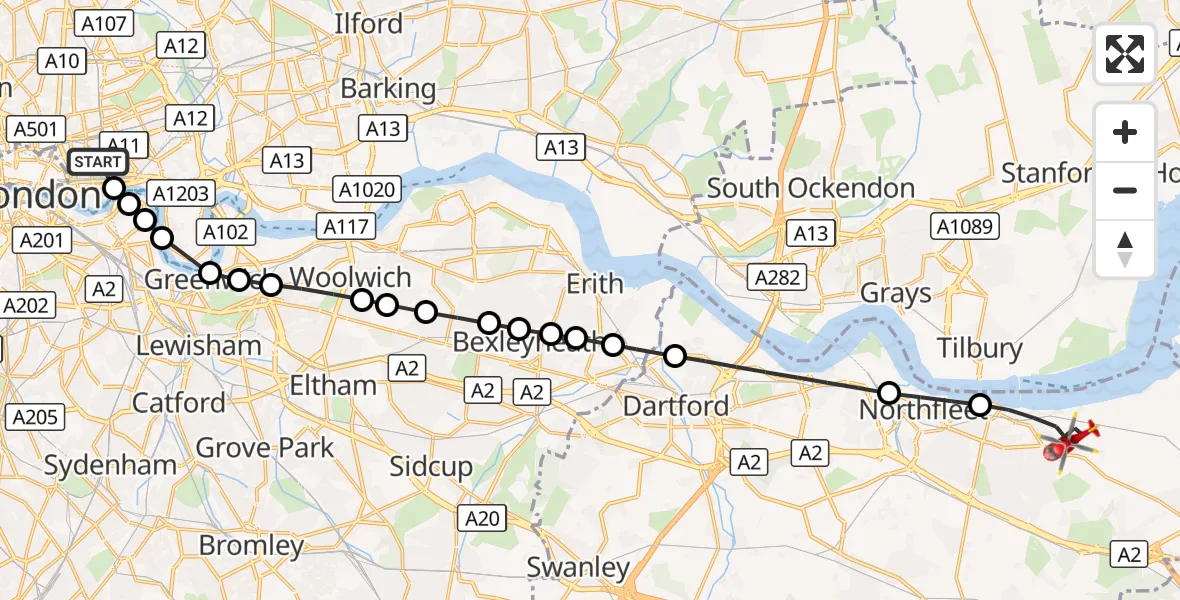 Flight route Air Ambulance Helicopter Royal London Hospital - Gravesend, 05 October 2026, 15:47