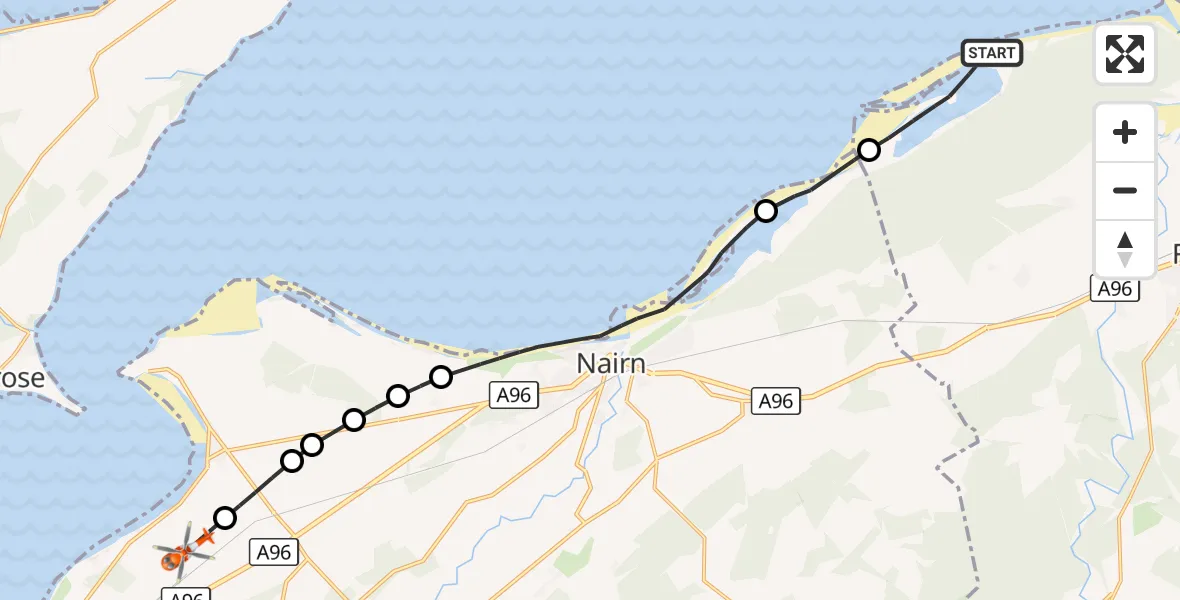 Flight route Coastguard Helicopter Moray - Inverness Airport, 05 October 2026, 16:09