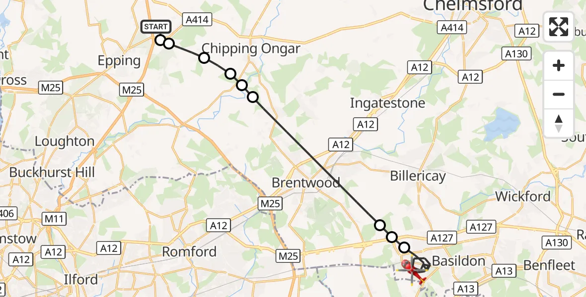 Flight route Air Ambulance Helicopter North Weald Airfield - Basildon, 05 October 2026, 16:12