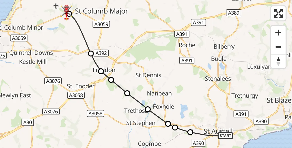 Flight route Air Ambulance Helicopter St. Austell - Cornwall Airport Newquay, 05 October 2026, 16:17