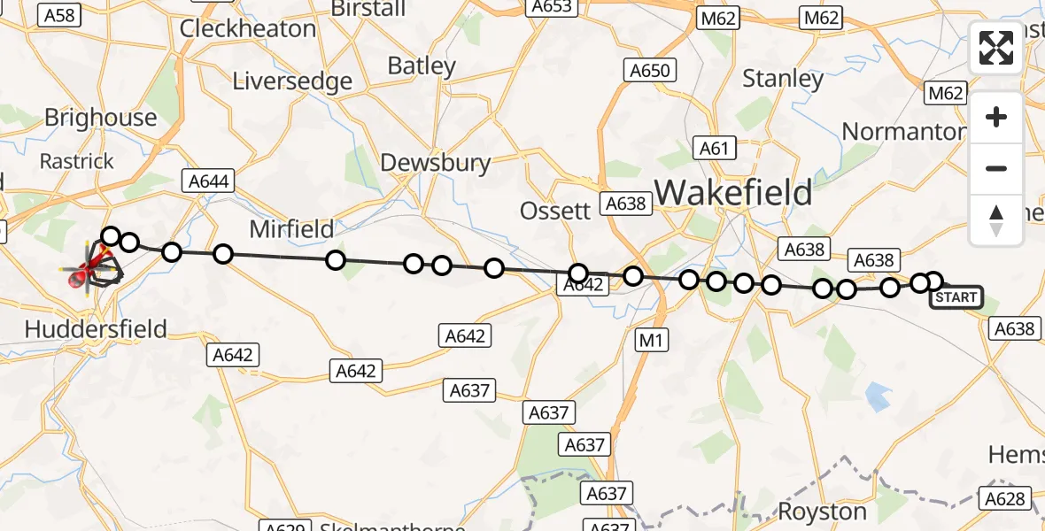 Flight route Air Ambulance Helicopter YAA Nostell Helicopter Port - Huddersfield, 05 October 2026, 16:18