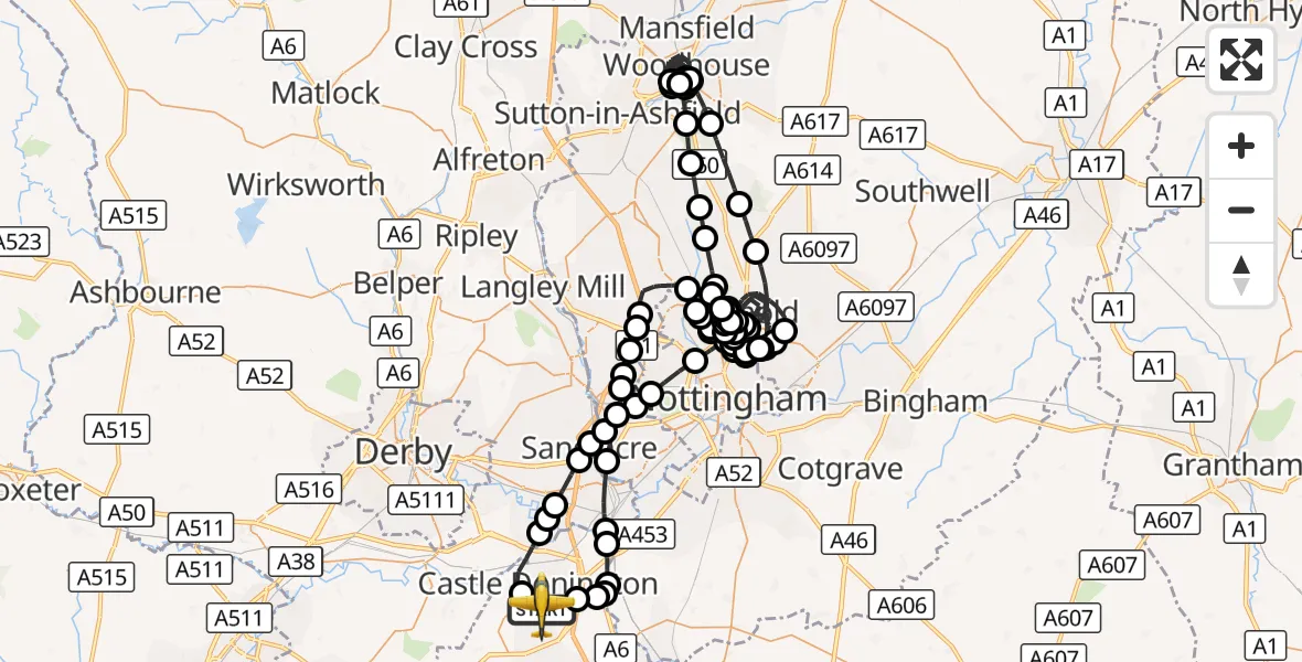 Flight route Police Aircraft East Midlands Airport - East Midlands Airport, 05 October 2026, 16:19