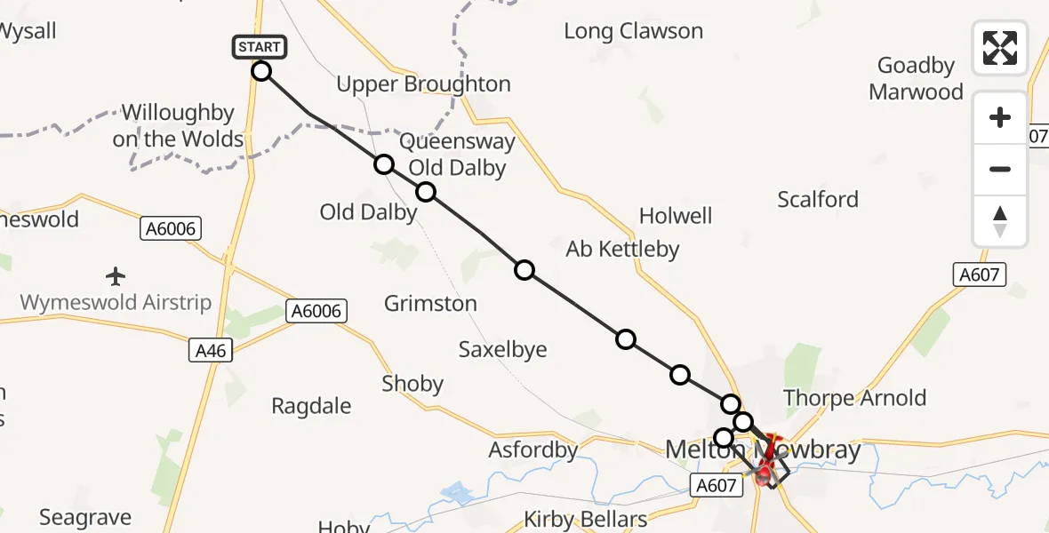 Flight route Air Ambulance Helicopter Nottingham Heliport - Melton Mowbray, 05 October 2026, 16:38