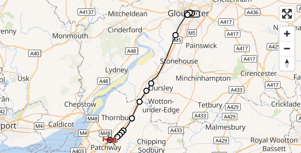 Flight route Air Ambulance Helicopter Gloucester Royal Hospital - Almondsbury Helicopter Base, 05 October 2026, 16:39