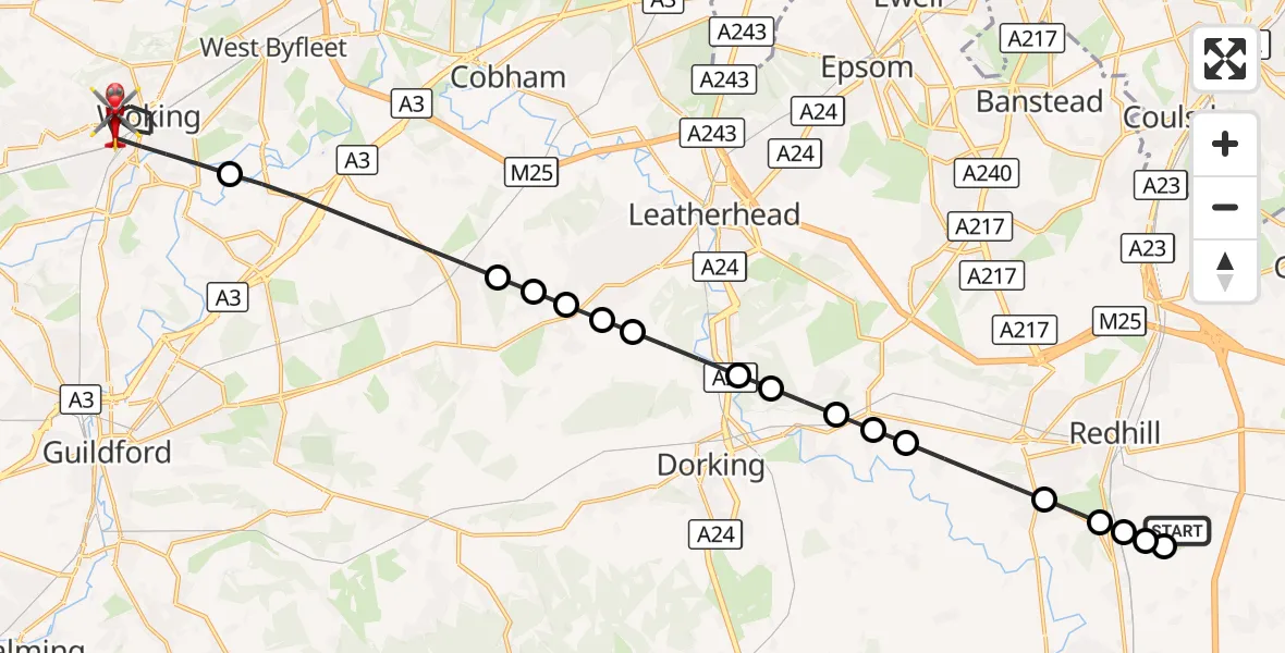 Flight route Air Ambulance Helicopter Redhill Aerodrome - Woking, 05 October 2026, 16:40