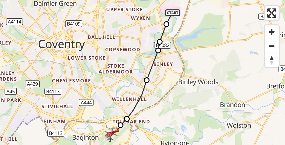 Flight route Air Ambulance Helicopter University Hospital Coventry - Coventry Airport, 05 October 2026, 16:45
