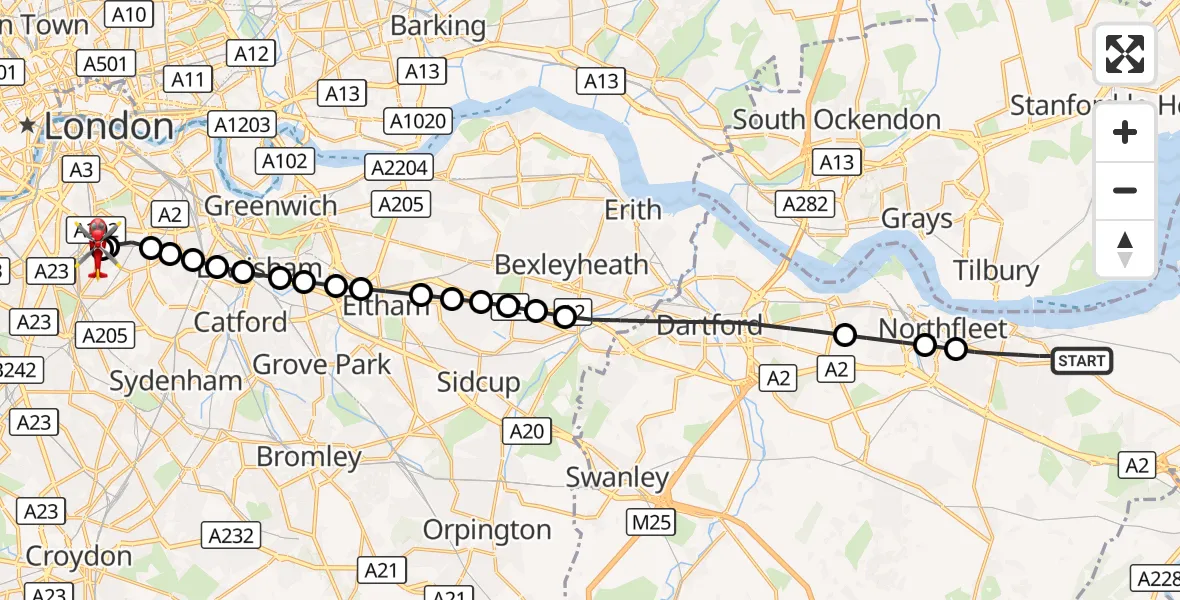 Flight route Air Ambulance Helicopter Gravesend - Kings College London Hospital, 05 October 2026, 16:52