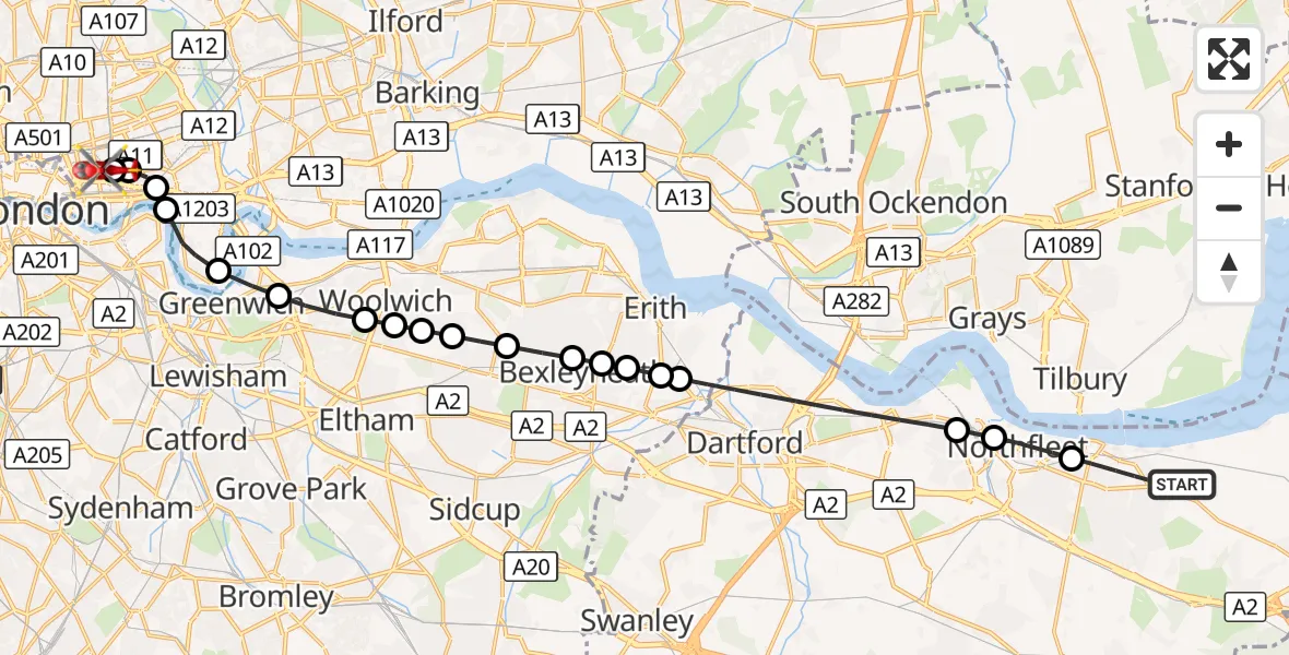 Flight route Air Ambulance Helicopter Gravesend - Royal London Hospital, 05 October 2026, 17:00