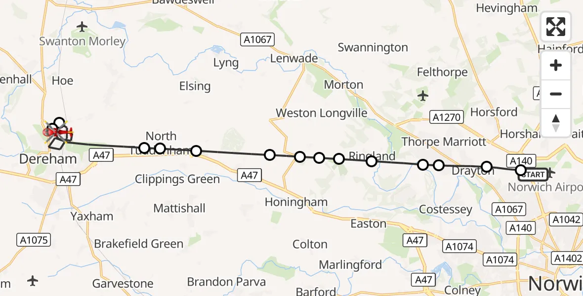 Flight route Air Ambulance Helicopter Norwich Airport - Dereham, 05 October 2026, 17:12
