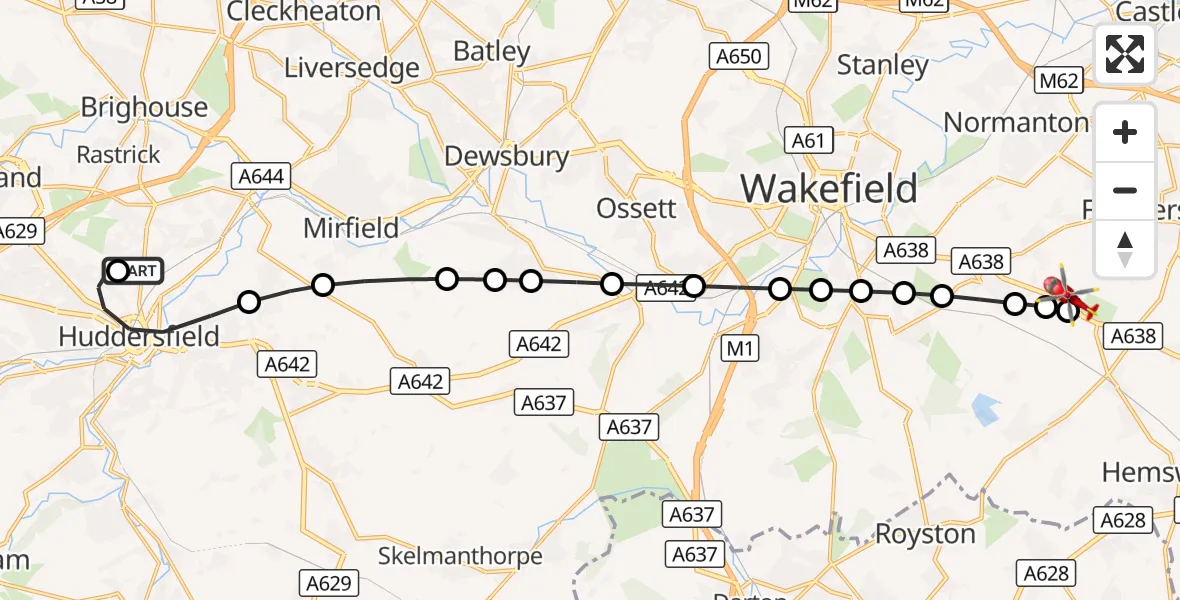 Flight route Air Ambulance Helicopter Huddersfield - YAA Nostell Helicopter Port, 05 October 2026, 17:16