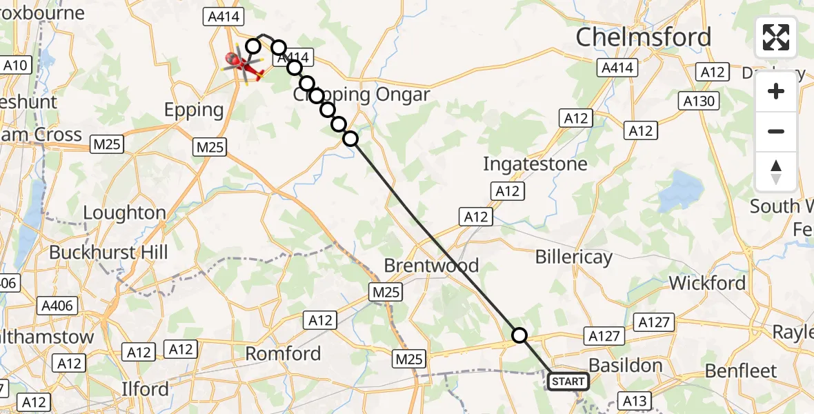 Flight route Air Ambulance Helicopter Basildon - North Weald Airfield, 05 October 2026, 17:17