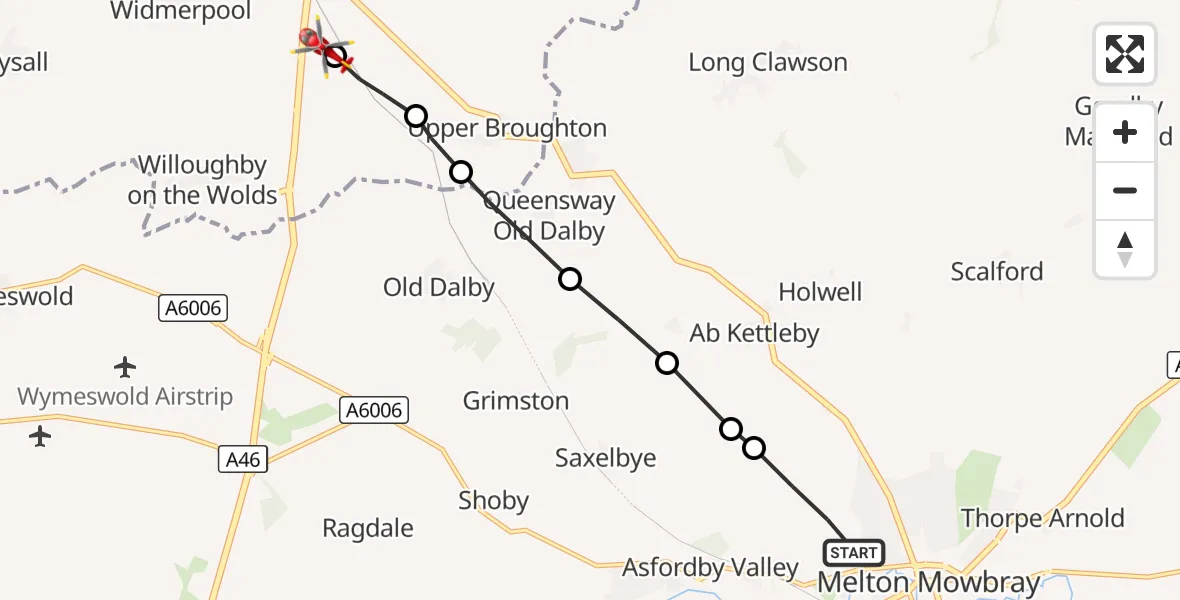 Flight route Air Ambulance Helicopter Sysonby - Nottingham Heliport, 05 October 2026, 17:24