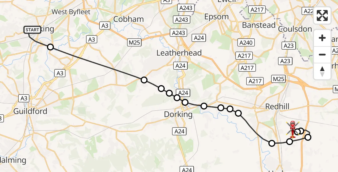 Flight route Air Ambulance Helicopter Woking - Redhill Aerodrome, 05 October 2026, 17:26