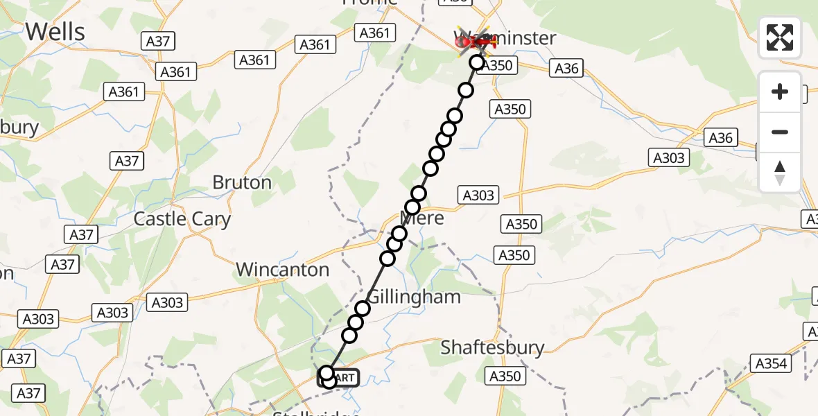 Flight route Air Ambulance Helicopter Henstridge Airfield - Warminster, 05 October 2026, 17:29