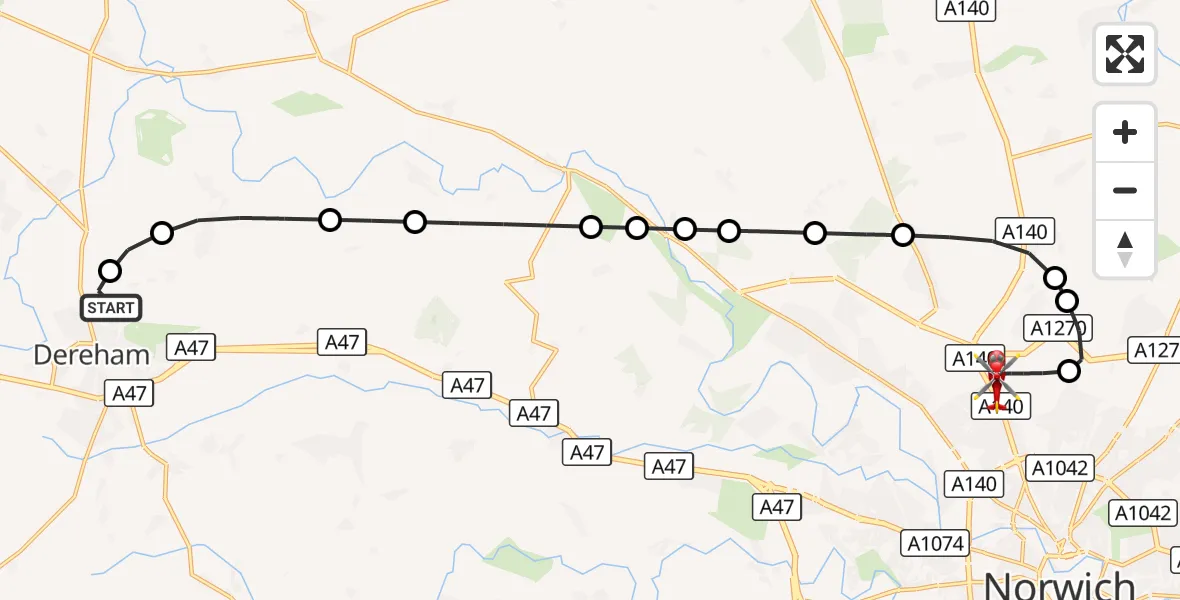Flight route Air Ambulance Helicopter Dereham - Norwich Airport, 05 October 2026, 17:36