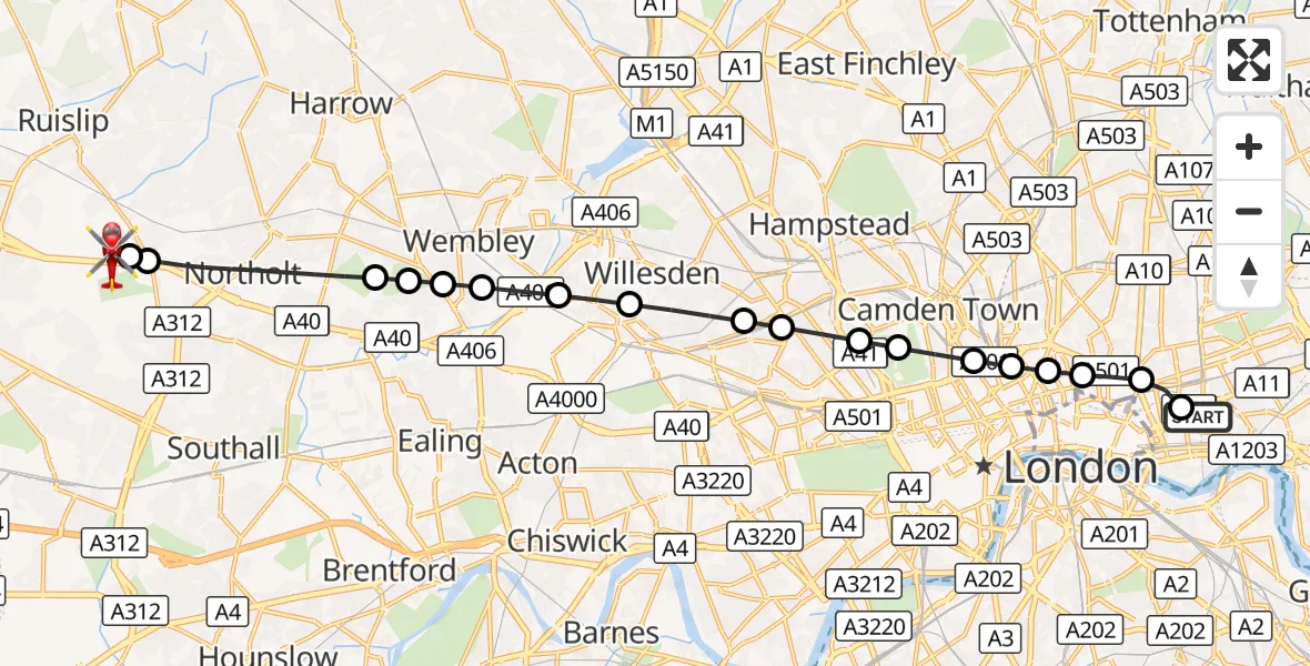 Flight route Air Ambulance Helicopter Royal London Hospital - RAF Northolt, 05 October 2026, 17:37