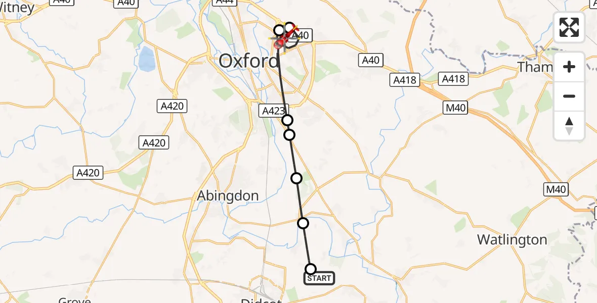 Flight route Air Ambulance Helicopter Little Wittenham - Oxford, 05 October 2026, 18:28