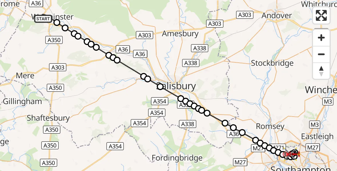 Flight route Air Ambulance Helicopter Warminster - University Hospital Southampton, 05 October 2026, 18:36