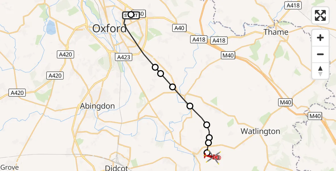 Flight route Air Ambulance Helicopter John Radcliffe Hospital - RAF Benson, 05 October 2026, 19:06