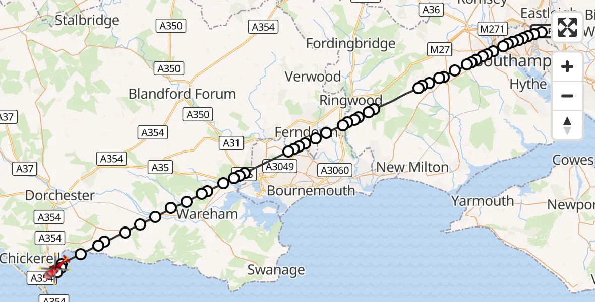 Flight route Air Ambulance Helicopter Southampton Airport - Weymouth, 05 October 2026, 19:43