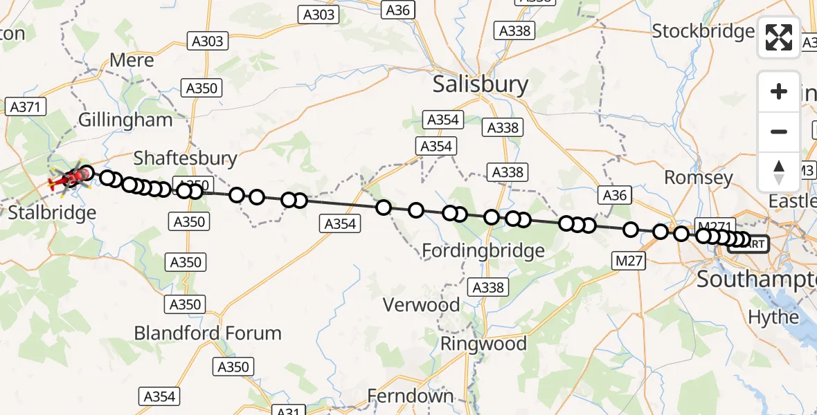 Flight route Air Ambulance Helicopter University Hospital Southampton - Henstridge Airfield, 05 October 2026, 19:48