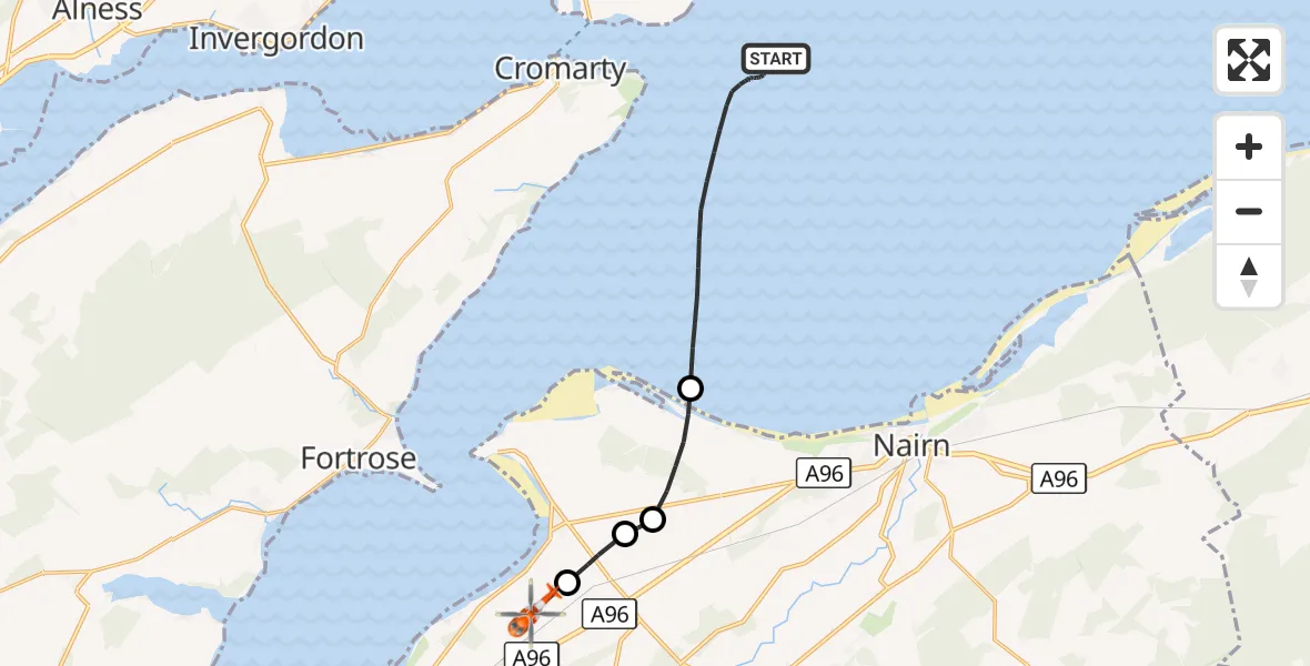 Flight route Coastguard Helicopter North Sea - Inverness Airport, 05 October 2026, 20:12