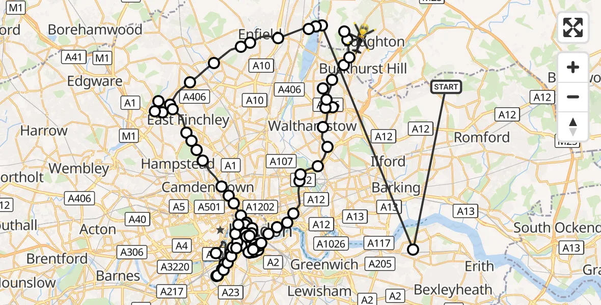 Flight route Police Helicopter Hainault Golf Club - Sewardstonebury, 05 October 2026, 20:13