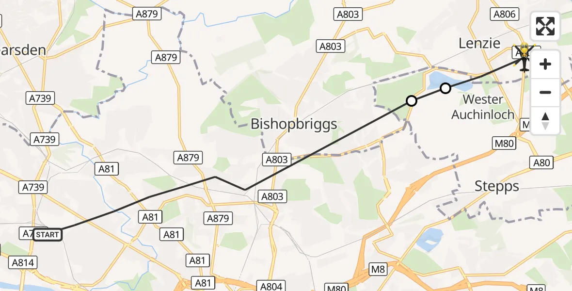 Flight route Police Helicopter Glasgow - Auchinloch, 05 October 2026, 20:37