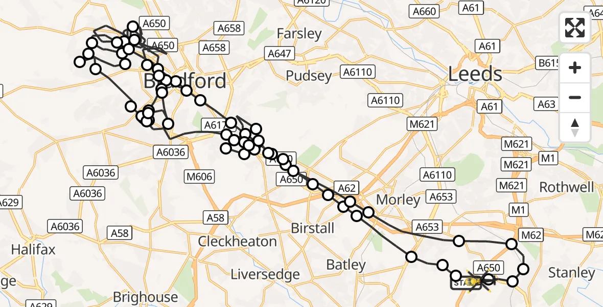 Flight route Police Helicopter East Ardsley - East Ardsley, 05 October 2026, 20:40