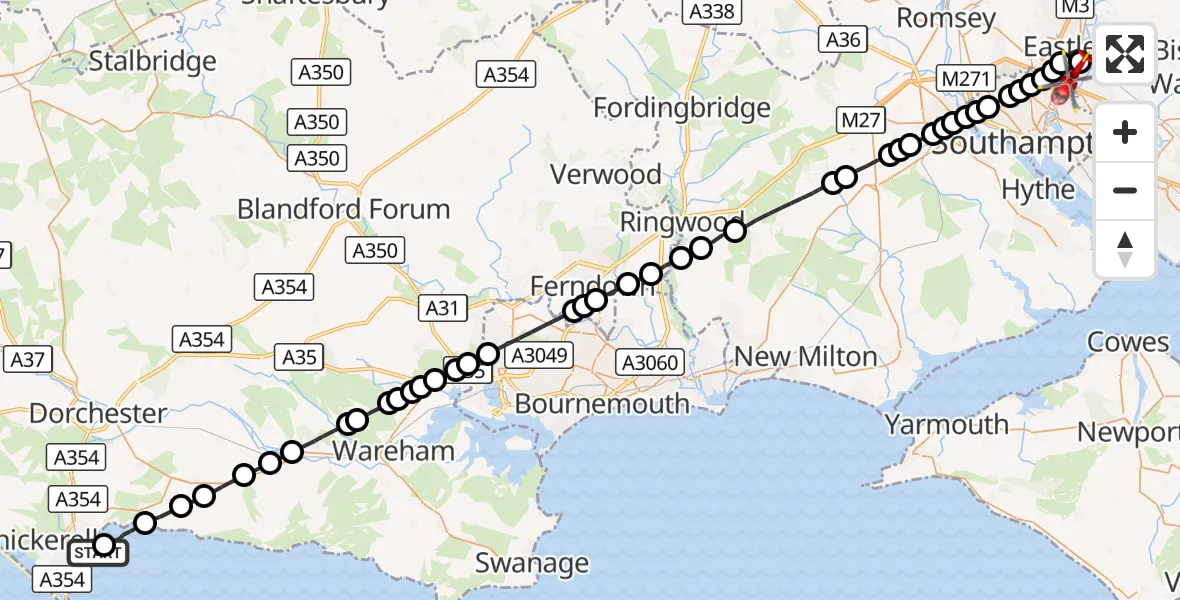 Flight route Air Ambulance Helicopter Weymouth - Southampton Airport, 05 October 2026, 21:17