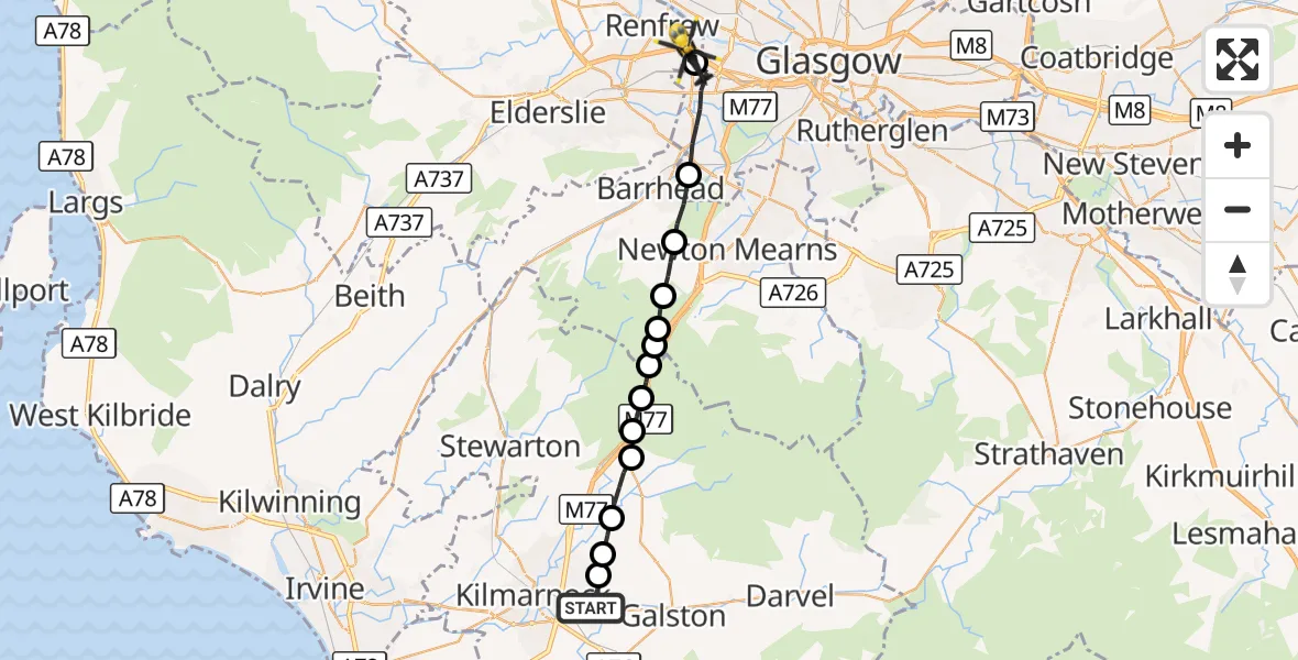 Flight route Police Helicopter Hurlford - Renfrew, 05 October 2026, 21:19