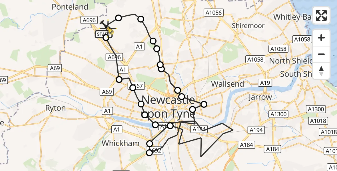 Flight route Police Helicopter Newcastle International Airport - Newcastle International Airport, 05 October 2026, 21:52