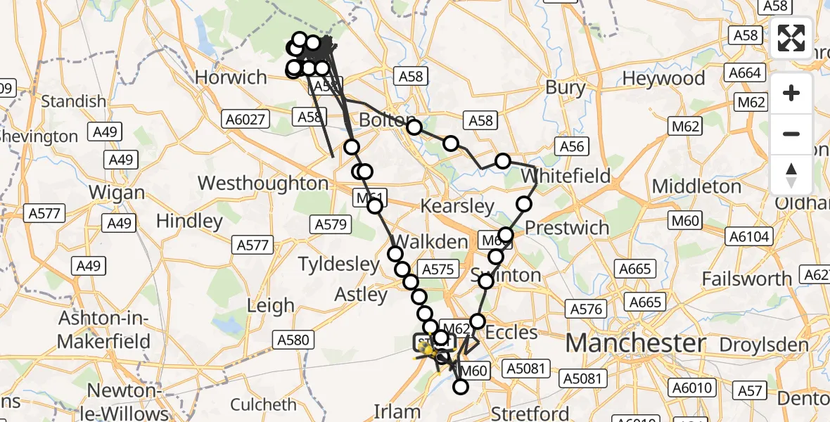 Flight route Police Helicopter Worsley - Irlam, 05 October 2026, 22:20