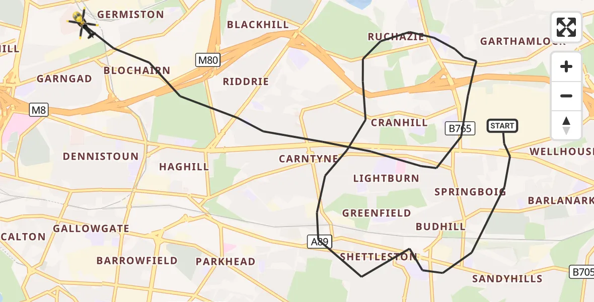 Flight route Police Helicopter Glasgow - Glasgow, 05 October 2026, 23:25