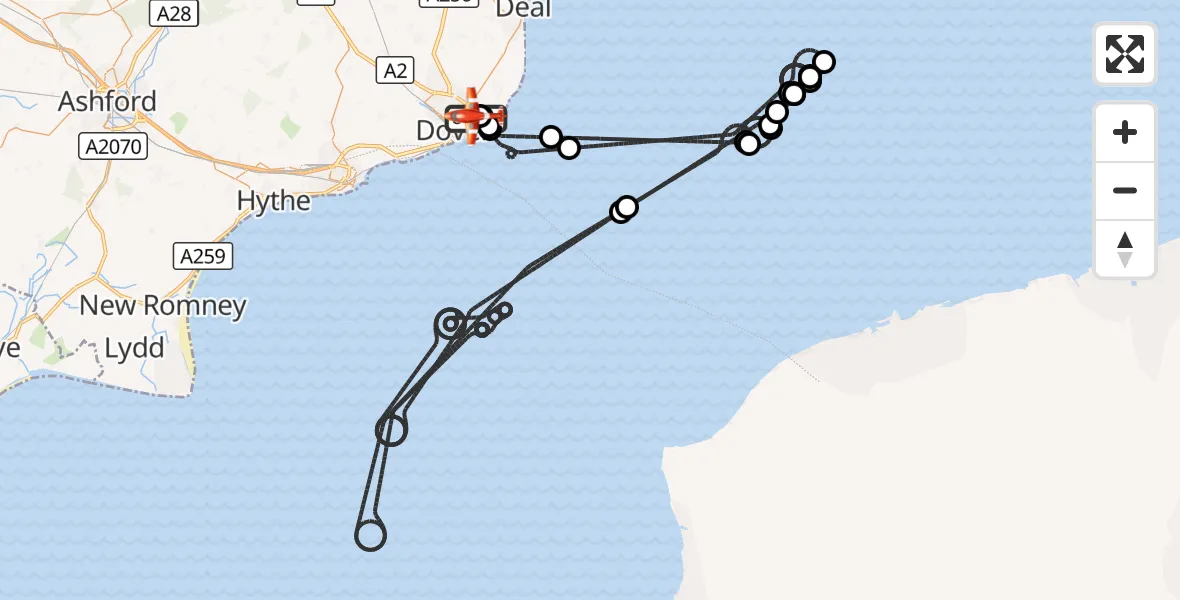 Flight route Coastguard Drone Langdon Battery Heliport - Swingate Airfield, 06 October 2026, 06:03
