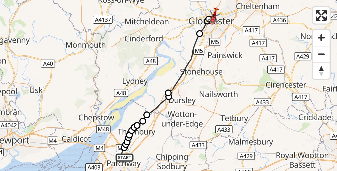 Flight route Air Ambulance Helicopter Almondsbury - Gloucester, 06 October 2026, 07:19
