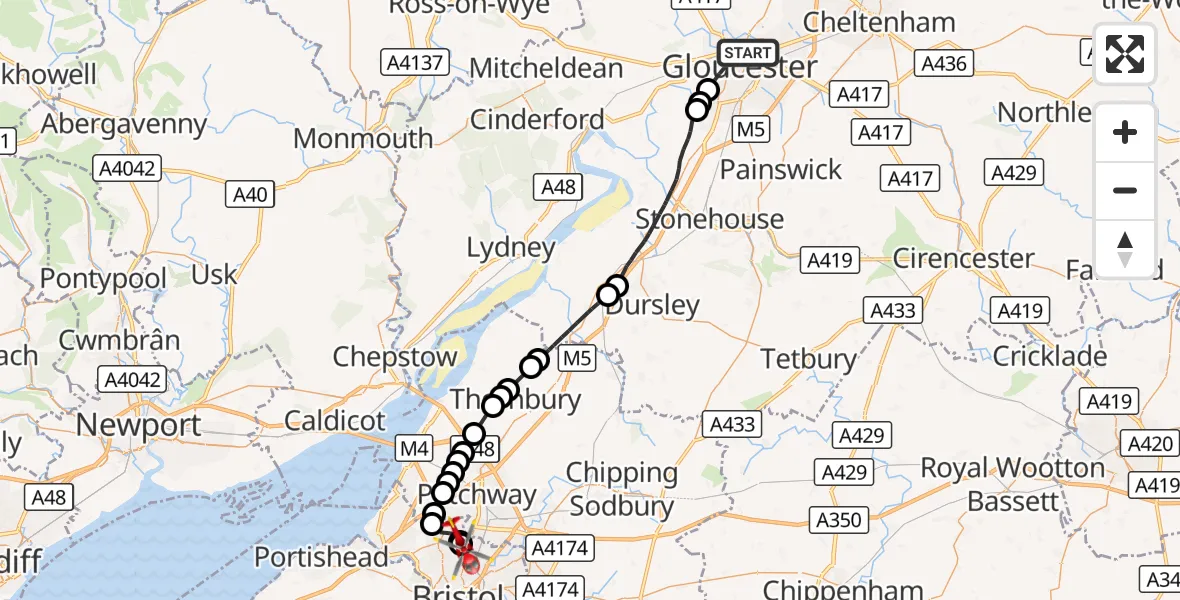 Flight route Air Ambulance Helicopter Gloucester - Bristol, 06 October 2026, 08:23