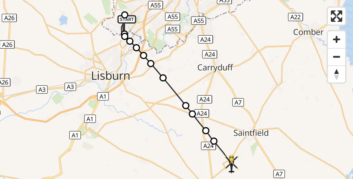 Flight route Police Helicopter Belfast City District - Saintfield, 06 October 2026, 09:26